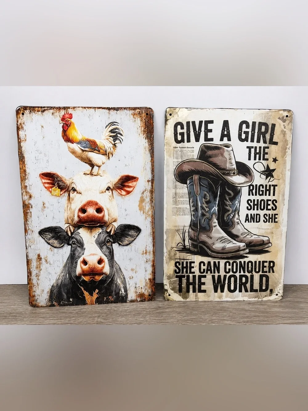 Set of 2 Vintage Inspired Farmhouse & Western Cowgirl Metal Wall Signs – Rustic